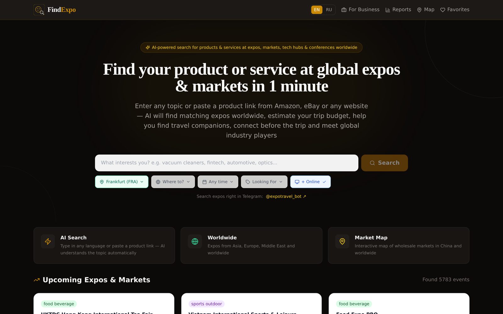 FindExpo home page — AI-powered search for expos, wholesale markets and trade shows worldwide
