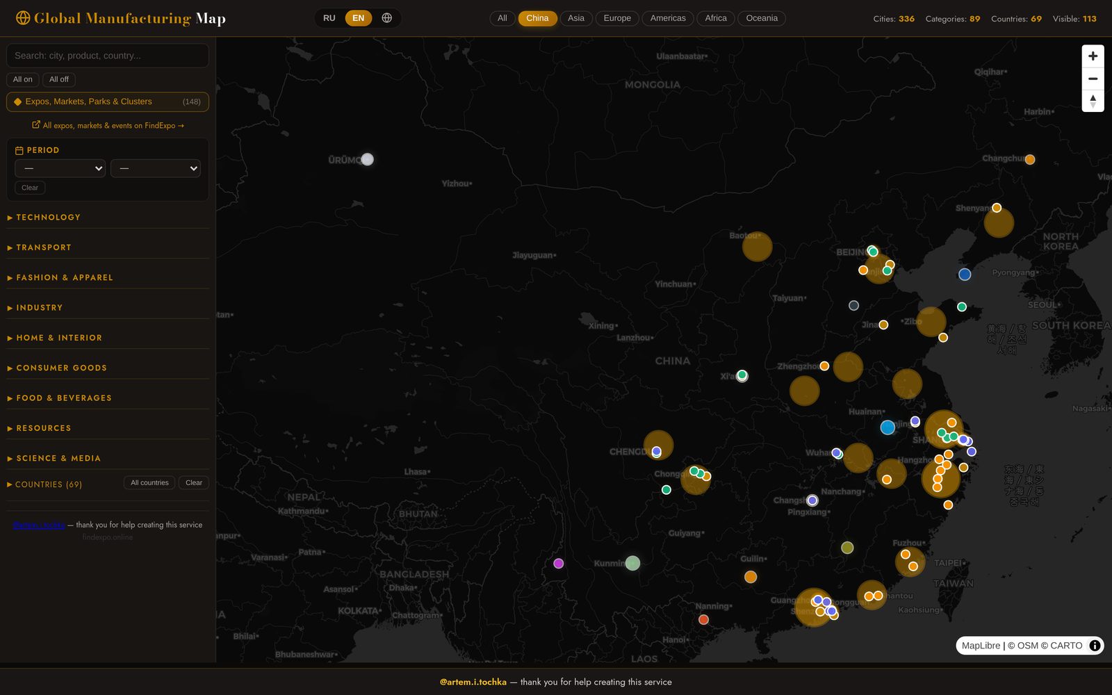 FindExpo global manufacturing map filtered to China, showing wholesale markets and industrial clusters