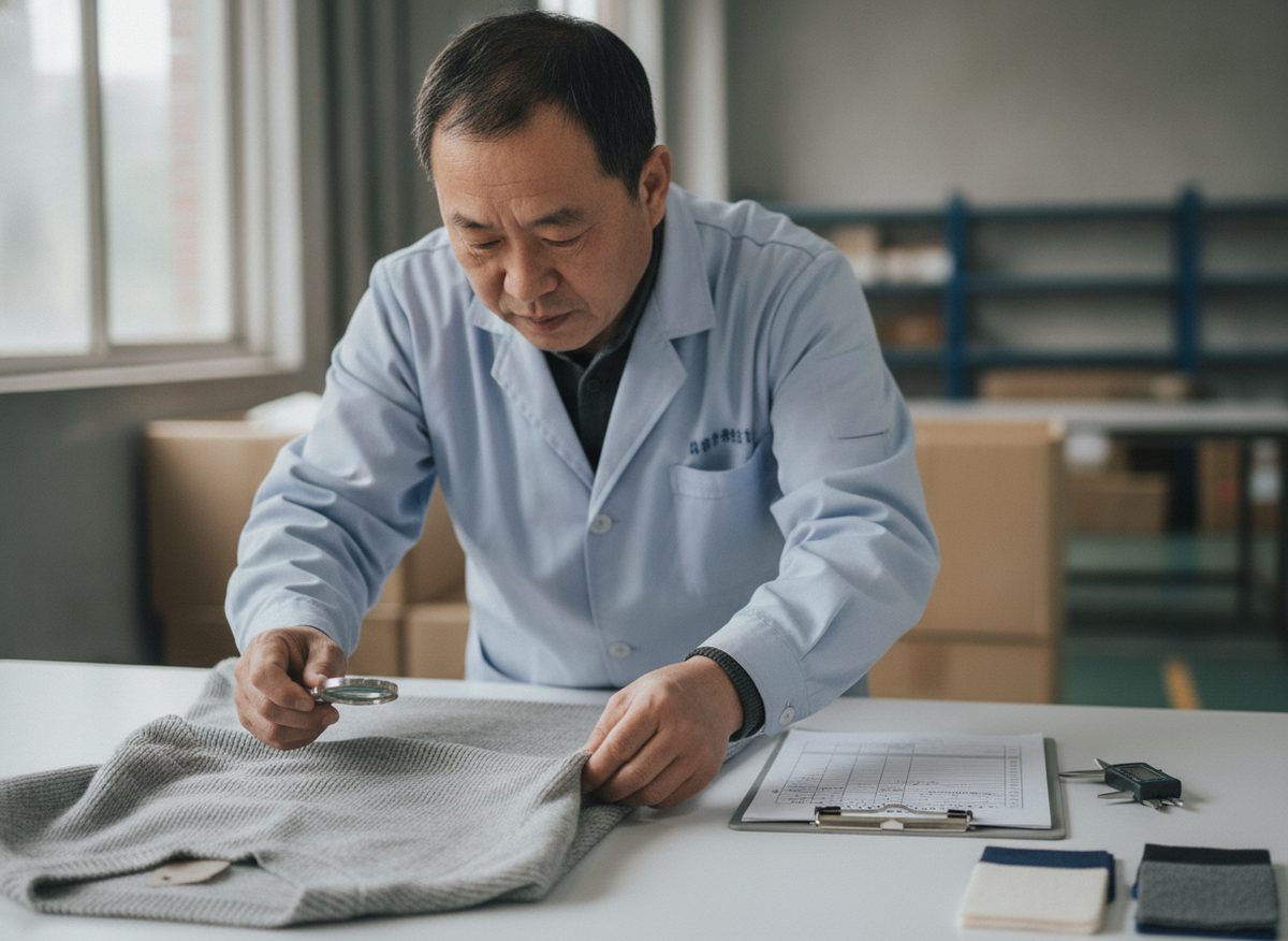 Quality control inspector examining a knitted garment against an AQL inspection checklist at ChinaAgent