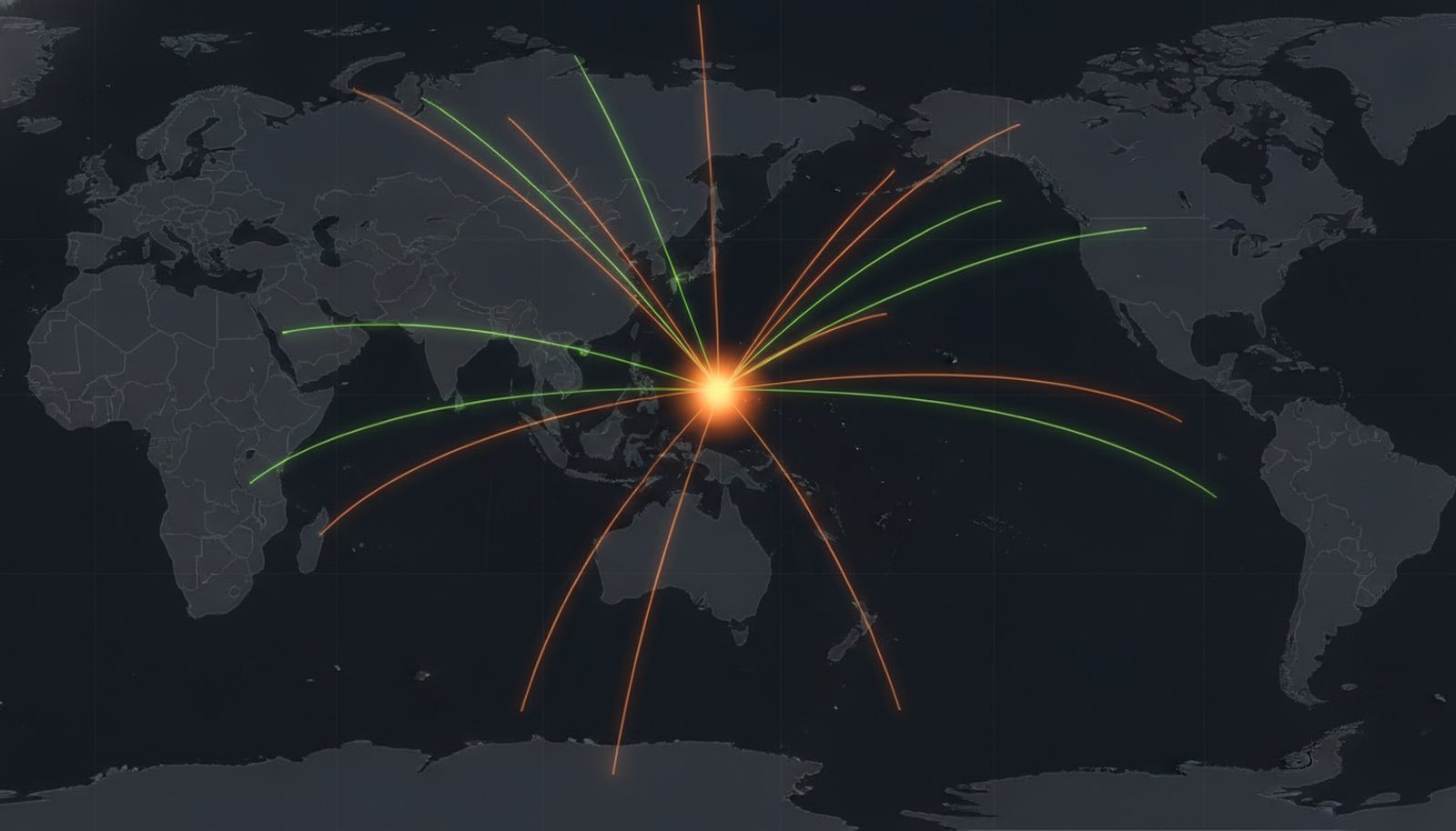 Pacific-centred map of settlement corridors radiating from China and Hong Kong to Europe, Africa, the Americas, Australia, India, Japan and Southeast Asia, showing the multi-currency money flows handled by the ChinaAgent group