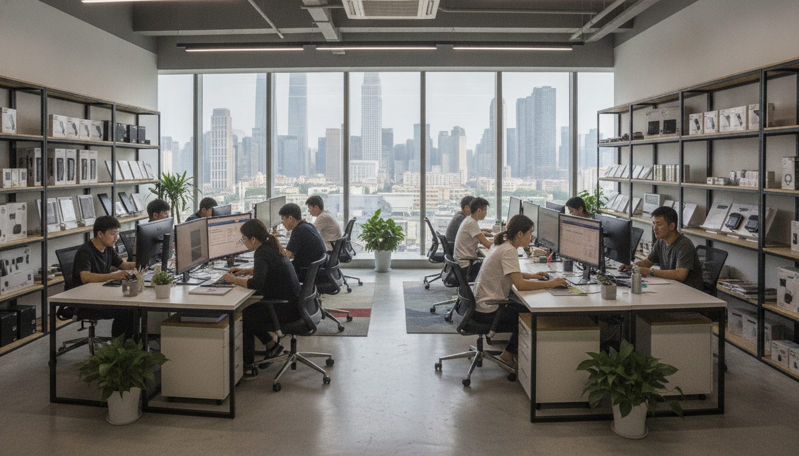 ChinaAgent open-plan sourcing office in China with staff at desks and product sample shelves
