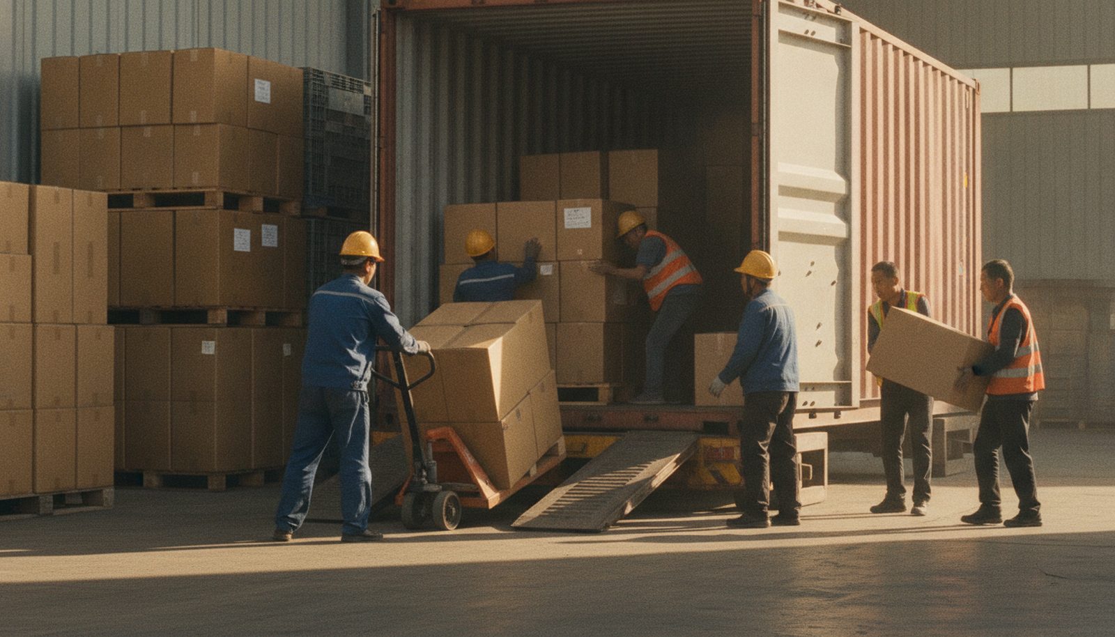 Workers loading cartons into a forty-foot shipping container at a ChinaAgent warehouse loading dock