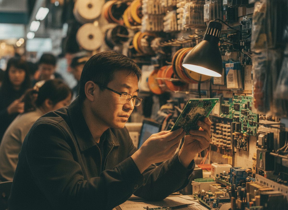 ChinaAgent electronics sourcing specialist inspecting a circuit board at a Shenzhen Huaqiangbei component stall