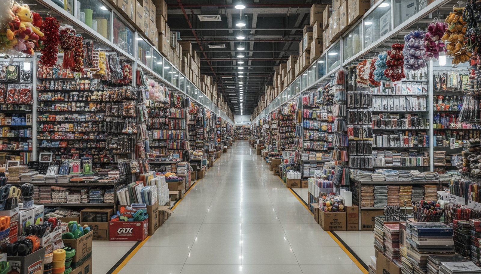 Aisle of the Yiwu International Trade City wholesale market in China, stacked floor to ceiling with consumer goods