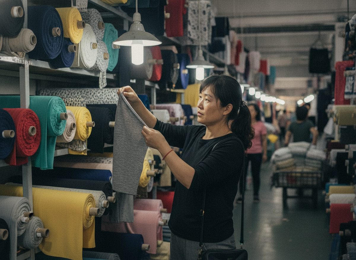 ChinaAgent textile sourcing specialist checking knitted fabric weight in a Guangzhou fabric wholesale market