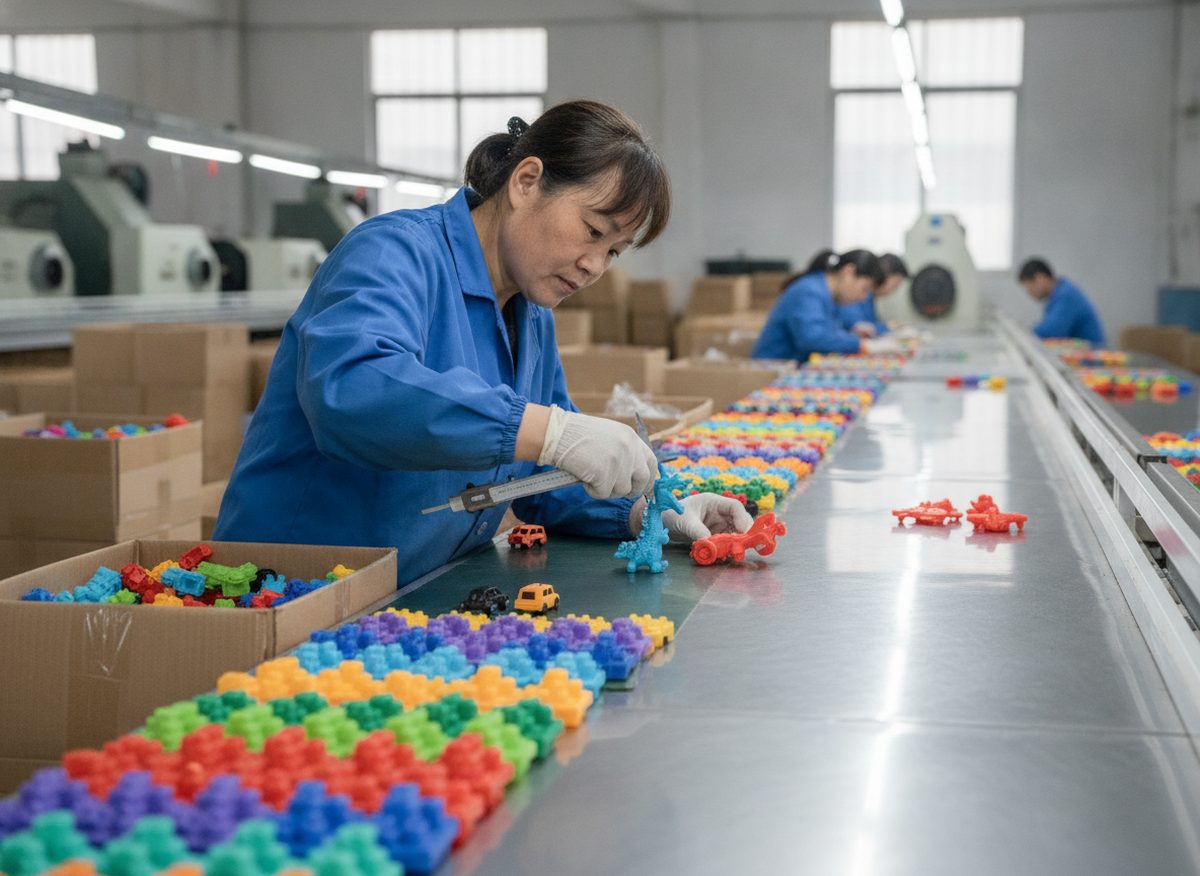 Toy quality inspection bench at a Shantou Chenghai toy factory with moulded plastic toys and measuring gauge