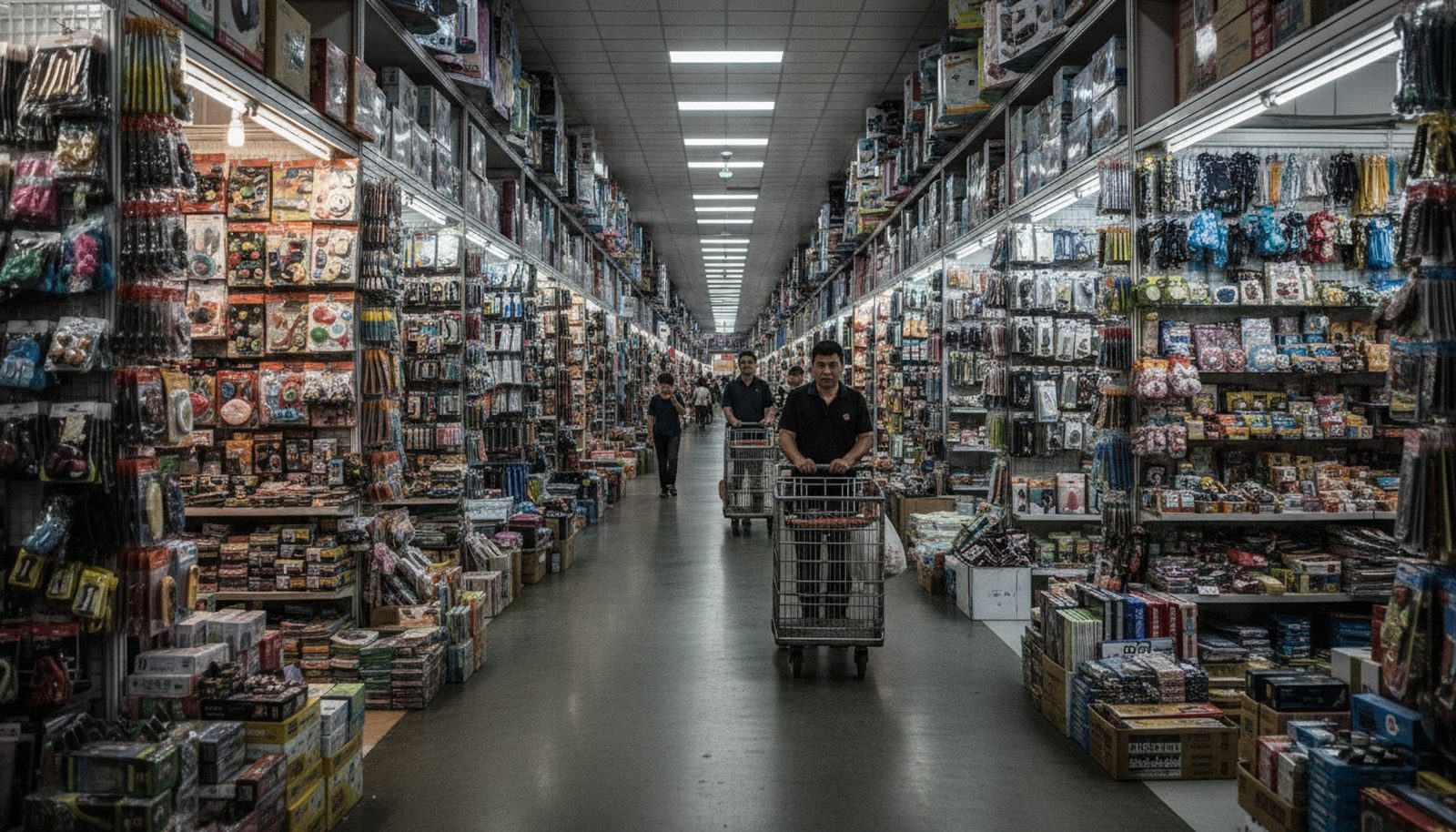 Aisle of Yiwu International Trade City wholesale market lined with showroom booths of consumer goods