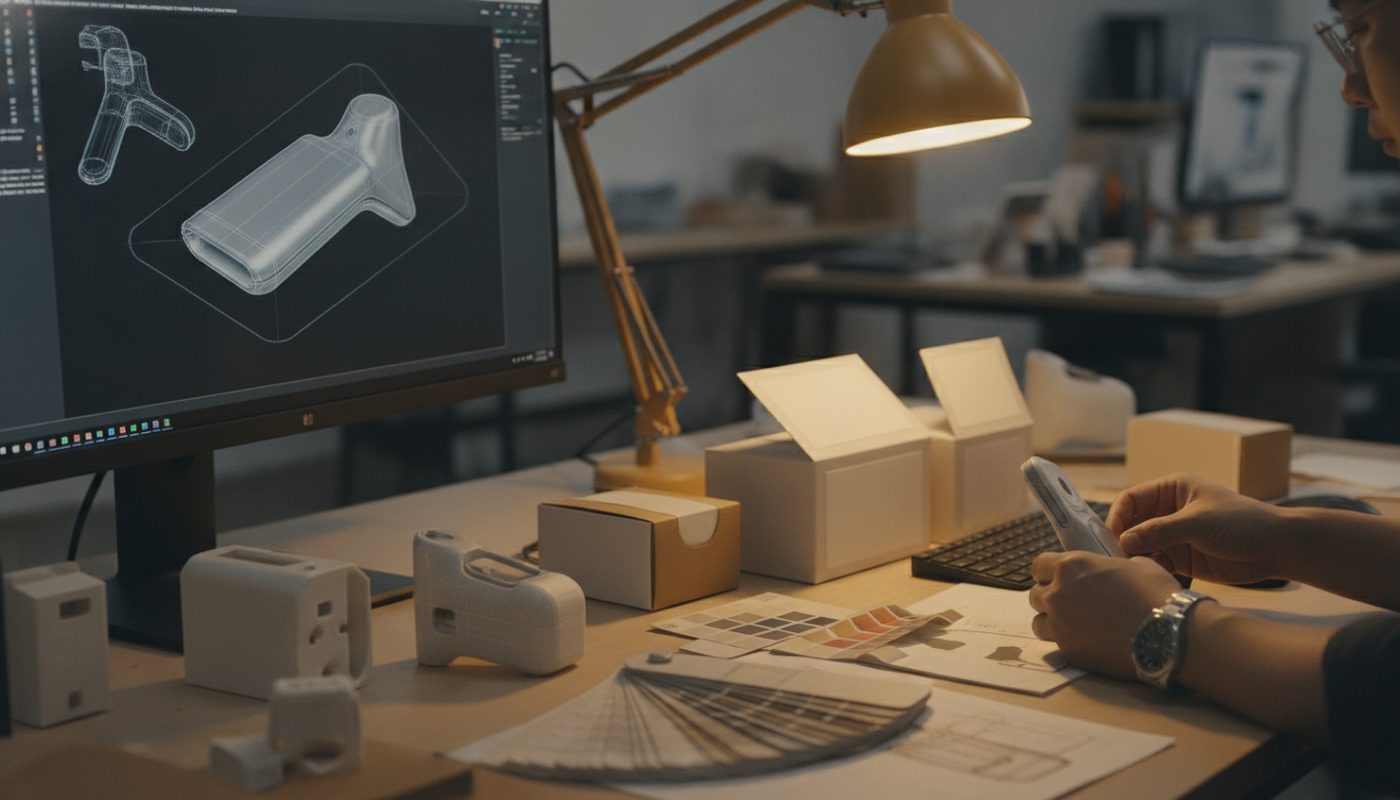 Product development desk with 3D-printed prototypes, packaging mockups and CAD geometry on screen