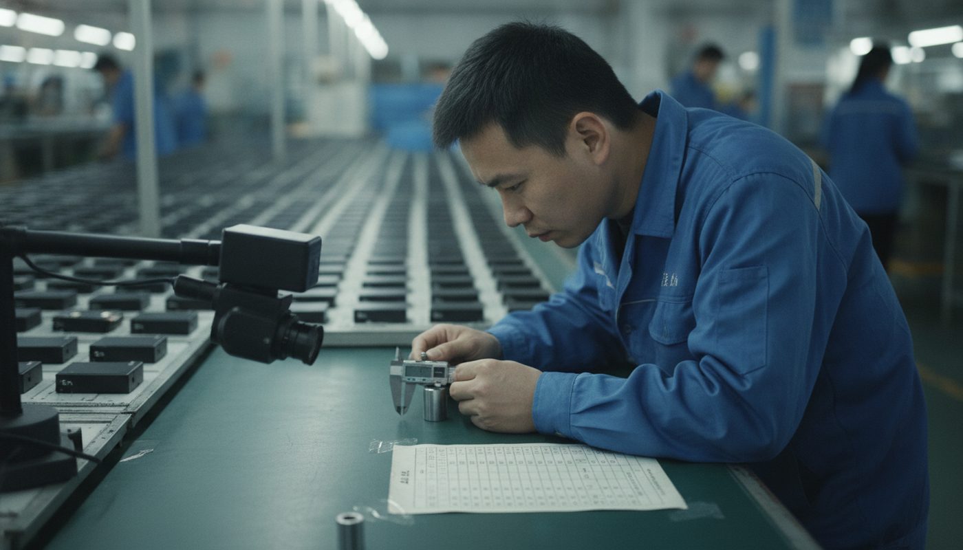Inspector measuring a product with digital calipers beside an AQL sampling table on a factory inspection bench